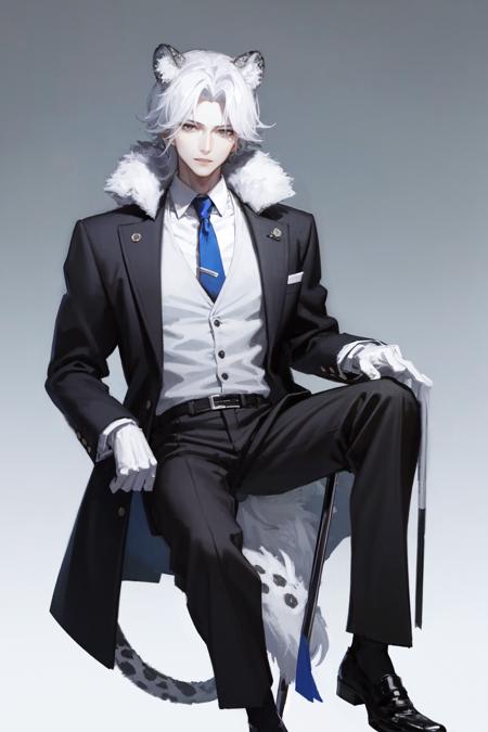 masterpiece, best quality, extremely detailed, detailed background, detailed face, 1boy, animal ears, male focus, leopard ears, gloves, solo, necktie, black gloves, sitting, crossed legs, black footwear, cane, tail, pants, leopard tail, shirt, black pants, grey hair, fur trim, formal, white shirt, jacket, looking at viewer, black jacket, long hair, suit, grey eyes, blue necktie, long sleeves, gradient background, gradient, collared shirt, coat, vest, parted lips, black coat, shoes, official alternate costume, weapon, bangs