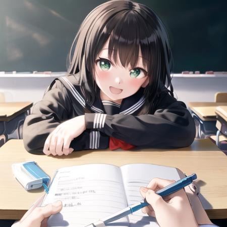 <lora:PovStudy:0.7> PovStudy, long hair, looking at viewer, blush, smile, open mouth, bangs, multiple girls, skirt, shirt, black hair, long sleeves, holding, 2girls, school uniform, green eyes, standing, white shirt, :d, pleated skirt, serafuku, solo focus, puffy sleeves, indoors, black skirt, sailor collar, black shirt, pov, ^^^, desk, puffy long sleeves, out of frame, black sailor collar, black serafuku, classroom, school desk, pencil, chalkboard, eraser, holding pencil, mechanical pencil