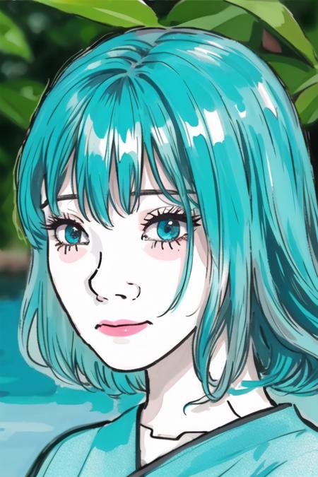 <lora:wojak:.8>, wojak, masterpiece, best quality, 1girl, solo, close-up, eye focus, aqua hair, looking at viewer, portrait, blurry, bangs, eyelashes, aqua eyes, closed mouth, depth of field, colored eyelashes, hair between eyes