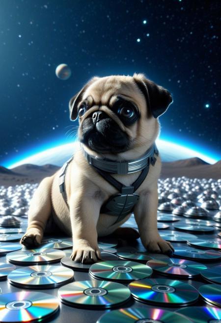made of cd's, (Countless CDs:1.3), closeup cute small pug puppy, from side, on cd planet ground, spaceship, space background, cinematic, cinematic lighting, (masterpiece, best quality:1.4), ultra-high res, 4k, Photorealistic, insanely detailed, sfw,