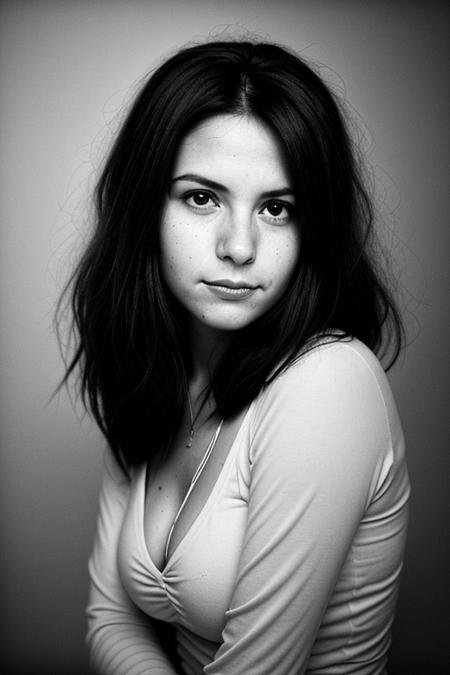 The image portrays a young woman with long, dark hair holding a vintage camera close to her face, partially obscuring one of her eyes. She gazes directly into the lens with an intense, thoughtful expression. The photograph has a distinct cinematic and nostalgic aesthetic, with soft lighting, a grainy texture, and subtle color grading that gives it a vintage, film-like quality.
Subject and Composition
The subject's face is positioned slightly off-center, drawing immediate attention to her sharp and expressive features. Her dark, well-defined eyebrows frame her deep-set eyes, which are slightly shadowed, adding to the introspective mood of the image. Her lips, which are slightly parted and tinted a natural red, contrast subtly with her smooth, pale skin. Strands of hair fall loosely across her face, reinforcing the unposed, organic nature of the portrait.
The camera she holds is an older model, silver and black with a rounded lens, possibly a vintage point-and-shoot film camera. Its reflective surface catches some light, making it a noticeable focal point. Her fingers gently rest on the camera's body, showcasing her relaxed grip, suggesting familiarity and comfort with the device. The camera partially obscures her left eye, creating an artistic and symbolic interplay between the act of capturing an image and being observed.