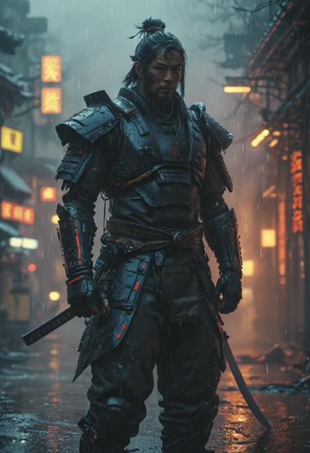 Cybernetic samurai in neon rain, masterpiece, fantasy, digital art, highly detailed, overall detail, atmospheric lighting, Awash in a haze of light leaks reminiscent of film photography,  awesome background, highly detailed styling,  studio photo, intricate details, highly detailed, cinematic,  <lora:MJ52:0.6>,