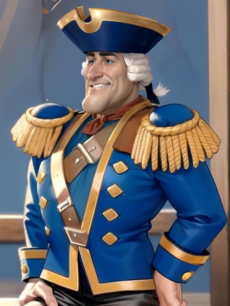 cptsmollet, man, smile, admiral, blue eyes, highres,  (big nose:0.5), wig, victorian, parody, hat, realistic,
<lora:cptsmollet1:0.25971>, (masterpiece, best quality), intricate details, 8k, artstation, wallpaper, official art, splash art, sharp focus