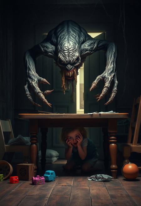A little frightened girl hid under a table in a very dark room, a huge ugly demon with many paws, his skin is covered in mucus, which drips in front of the girl's face, is hovering over the table. Children's toys are scattered around the table, emphasizing the girl's defenselessness. The room looks run-down, with cobwebs hanging in places. Very dim light pouring from the half-open door, emphasizing the spooky atmosphere, dynamic pose, harsh shadows