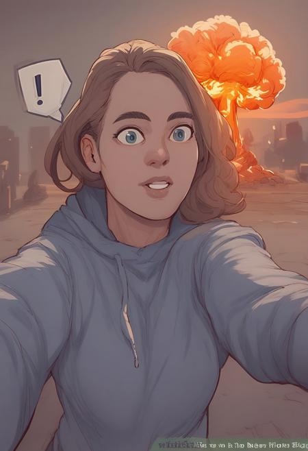 score_9, score_8_up, score_7_up, score_6_up, score_5_up, score_4_up, 1girl, selfie, exclamation mark, Nuclear Explosion