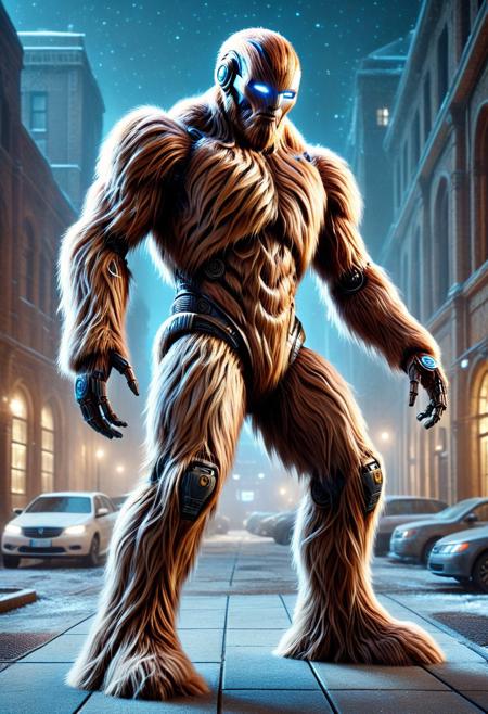 dynamic pose, low light, night time, robot, android, covered in fur, made of w00kiee, science fiction. sci-fi, architecture, outdoors, dynamic composition, absurdres, high quality, masterpiece