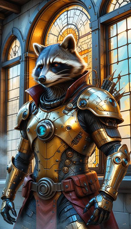 (in ARTIST style:1.4), (masterpiece:1.7), properly positioned, straight,
Racoon Knight Futuristic and Vintage stylized magical, ,bright, , Magical beautiful background fantasy, hyper-detailed hypermaximalist dynamic style Scales texture style, realism, detailed, Dramatic lighting Cinematic Epic composition Magical background ArsMJStyle, Zen Ink Wash Sumi-e bo-golden White background reij-cybersteam, steampunk, asian, cyberfuturistic, futuristic steampunk, robotic elegance, mechanical aesthetic, dim lighting, bokeh effect, asian architecture, 
(masterpiece:1.8), (highest detailed:1.8), (angle:1.8), perfectly lighted, (contrast), (saturated), (((sharp focus))),
(hyperdetailed:1.3), (intricate details:1.2), (Refined details:1.3), (best quality:1.5), highly detailed textures, vibrant colors,
(ultra sharp focus:1.8), (detailed skin:1.8), (detailed windows:1.8), (thin lines:1.8), (best quality:1.8),
<lora:Apparatus_-_Traction_City_Walkers_Vehicles:0.7>,