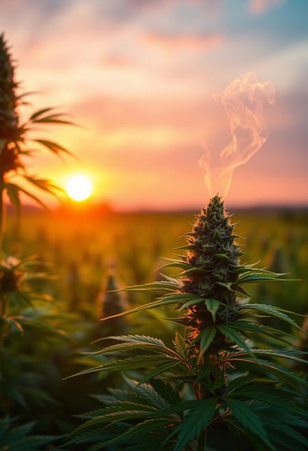 vibrant cannabis field, (lush green leaves:1.4), (sunset glow:1.2) casting warm light over the plants, (detailed textures:1.5), smoke swirling softly in the air, (cannabis buds:1.3) glistening with trichomes, peaceful and serene atmosphere, (natural light:1.4), wide field stretching into the distance, (colorful sky:1.2) with shades of pink and orange, (high-definition:1.6), (ultra-realistic textures:1.5), close-up details of cannabis plants, (soft focus in the background:1.2), modern, laid-back aesthetic, perfect for a cannabis culture feature, chill and relaxed vibe, (overexposed:-1.4), (unnatural colors:-1.5), (blurry:-1.6), (low-resolution:-1.7), (harsh lighting:-1.5), (distorted textures:-1.6)