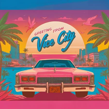 postcard with text "greeting from Vice City", miami atmosphere, sunset, pink and blue
  jhyd style,