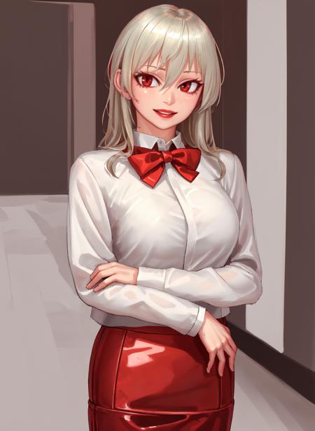 (masterpiece, best quality:1.2), solo, (1girl:1.2),  <lora:kilyeV1-000020:1> , (shiny red latex pencil skirt:1.2), white shirt, red eyes, white hair,wavy hair, hair between eyes, red bow, standing, large breasts, light smile, red lips