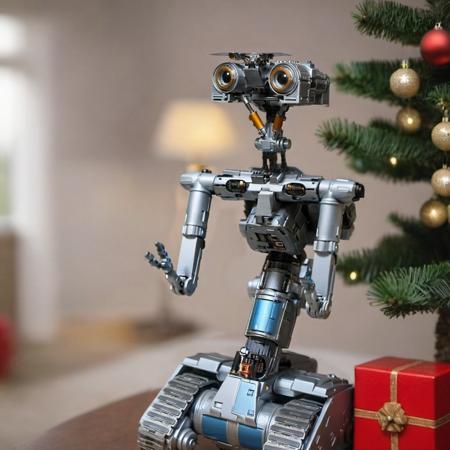 Johnny5-1024, a robot, livingroom, fire place, christmas tree, gifts, detailed eyes, highly detailed, photography, ultra sharp, film, bokeh, professional, 4k <lora:Johnny5-1024:0.8> <lora:add-detail-xl:2>