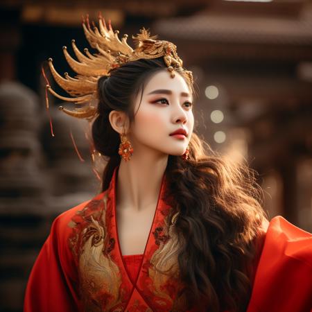 8K ,((masterpiece)),((highly detailed)),,1girl, Chinese ancient-style beauty,((an extremely delicate and beautiful)), queen,(((detailed head))), (((facial close-up))), flowing hair, phoenix crown, wearing a ((red dragon-phoenix gown)), with a( bell tower) background, slight depth of field,smirk