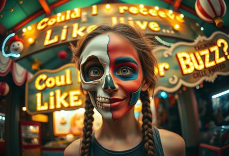 “A whimsical and surreal portrait of a girl with a distorted, comical face, featuring one eye larger than the other, vibrant face paint, and two playful braids in her hair. Half of her face is a real skull, with detailed bone structure, while the other half is covered in colorful, exaggerated face paint. Captured using a 12mm fisheye cinematic prime lens for an exaggerated perspective. The setting is a lively carnival with colorful lights, whimsical decorations, and a dreamy atmosphere. A rotten, old light banner in the background displays the text: ‘Could I receive a Like or Buzz?’ in flickering, uneven letters. The colors and contrasts are enhanced for a surreal effect, inspired by a mix of playful and artistic styles, blending humor and visual artistry.”