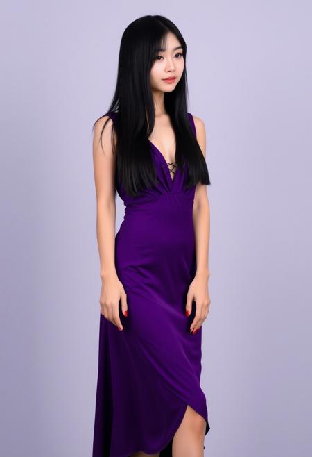 A 19-year-old Taiwanese woman with long straight black hair, wearing a purple deep V-neck sleeveless dress and purple high-heeled open-toed sandals.
FHD, Rich in details, masterpiece.