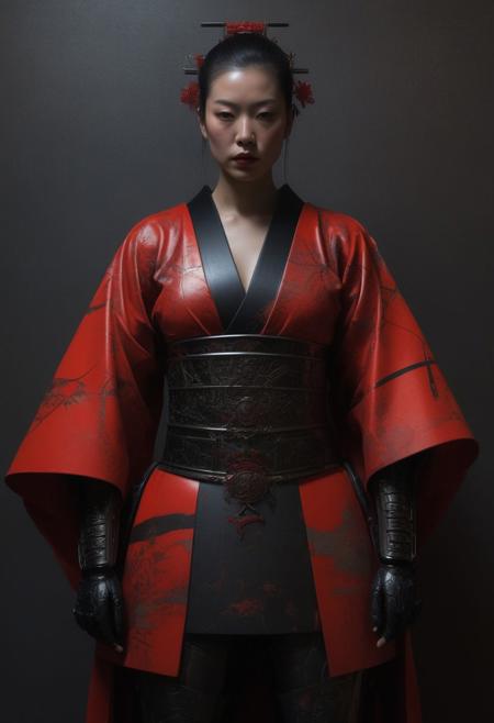 Symmetrical front view, Warrior queen, beautiful, japanese, sensual, erotic, black steel samurai armour, red cape,  by Fernand Khnopff, oil on canvas, detailed painting, limited color palette oil artwork by Jean-Michel Basquiat, octane rendering, trending on artstation,  natural light, sharp focus, detailed, cinematic, concept art, dramatic illumination, glowing eyes, ethereal in detail