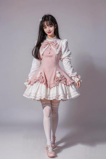 best quality, masterpiece, photorealistic, 1girl, solo, long straight black hair, blunt bangs, looking at viewer, full body, cyb dress, pink dress, long sleeves, puffy long sleeves, bow, white thighhighs, mary janes, simple background, <lora:cute_dress_style1_v1:0.7>