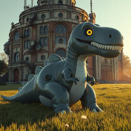 "A whimsical giant Dinowrestler Martial Anga dinosaur, with glossy gray-white vinyl textures and a glowing yellow eye, dominates a lush grassy field. Behind it looms the Orcustrated Babel—a retro-futuristic building with steampunk gears, arched windows, and a crimson door, blending Victorian architecture with sci-fi industrialism. Cinematic golden-hour lighting casts long shadows, highlighting the dinosaur’s playful, exaggerated proportions and the building’s rusted metal details. Hyper-realistic 3D render (Octane/Unreal Engine 5) with matte painting depth, Dutch angle composition, and volumetric fog. Color contrast: monochrome dinosaur against vibrant moss-green grass and the Babel’s burnt-orange walls. Subtle details: air vents on the inflatable seams, dandelions dotting the field, and sunlight glinting off the dinosaur’s eye. Stylized with Studio Ghibli whimsy and Simon Stålenhag’s surreal futurism. Trending on ArtStation, 8K HDR, golden ratio framing. Tags: surreal toy-like aesthetic, retro-mecha, playful scale contrast, hyperdetailed textures, cinematic vignette."