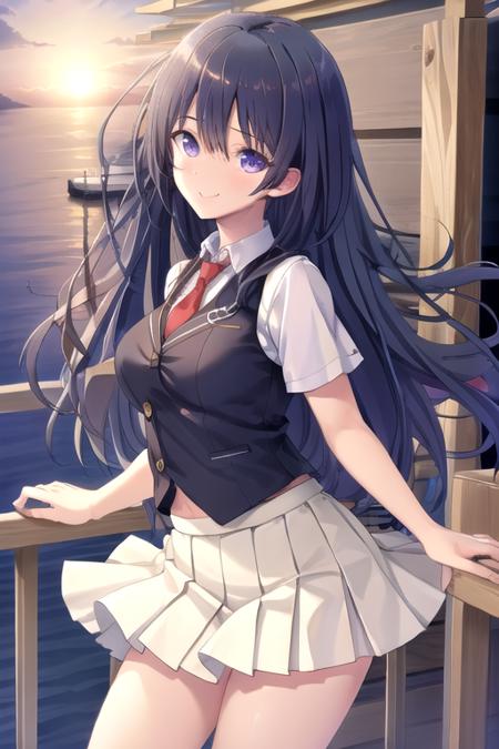 ((masterpiece)),(best quality),official art,extremely detailed CG,unity 8k wallpaper,ultra detailed,beautiful detailed eyes,extremely detailed face,A lighthouse on a cliff by the sea,1girl,solo,cowboy shot,looking at viewer,facing viewer,smile,long hair,black hair,hair between eyes,bangs,purple eyes,school uniform,blue vest,collared vest,red necktie,collared shirt,white shirt,puffy short sleeves,medium breasts,miniskirt,white skirt,pleated skirt,frills,white socks,loafers,<lora:Kozeki Momoko(rk)>,