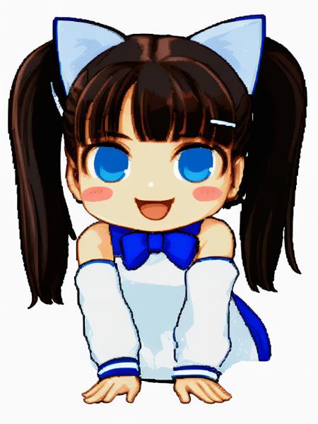 1girl, animal ears, tail, blue eyes, virtual youtuber, hair ornament, solo, grey hair, cat ears, cat tail, hairclip, !, dress, chibi, tongue, white dress, cat girl, white background, blue bow, detached sleeves, bow, open mouth, simple background, tongue out, blue bowtie, white headwear, sleeves past wrists, bowtie, long sleeves, long hair, blush stickers, ribbon, twintails, bangs, sleeves past fingers, looking at viewer, hat, all fours  <lora:dynax:1>, masterpiece, best quality,