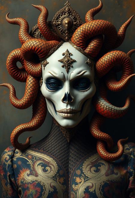 Medusa, oriental damask ornaments, in the style of restrained palette, distressed materials, realistic color schemes, hieratic visionary, figura serpentinata, nicola samori, bold yet graceful , alexander McQueen fashion costume style, oil painting style