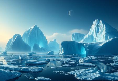 A frozen ocean world where colossal icebergs glow from within, illuminated by a distant dwarf star, masterpiece