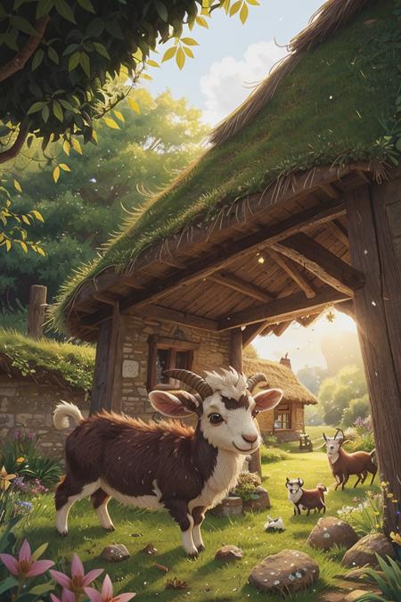 (close-up:1.3) goat, on A charming, sunlit English countryside cottage with a thatched roof, nature, (natural elements), (particle effects),glow sprite, with a glowing, <lora:COOLKIDS_MERGE_V2.5:1>,  <lora:add_sharpness:0.5>