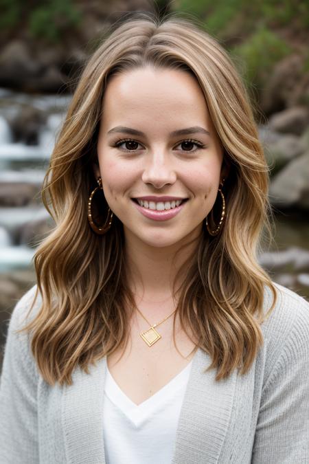 a Realistic portrait of a bridgit mendler woman with brown eyes and long Hair style, looking at the viewer, detailed face, detailed eyes, (smiling showing teeth:1.1), perfect slim body, modelshoot style, wearing gold earrings and jewelry, soft lighting, professional Photography, Photorealistic, detailed, waterfall background, RAW, analog, sharp focus, 8k, HD, DSLR, high quality, Fujifilm XT3, film grain, award winning, masterpiece  <lora:bridgit mendler v1.0:1>