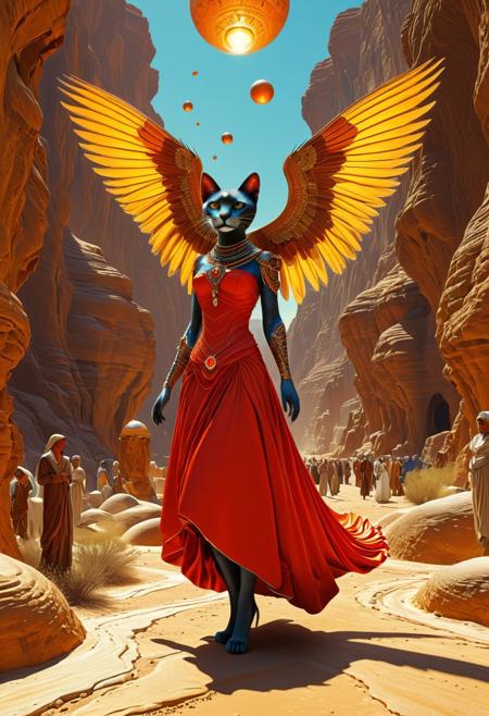 The bride's wedding attire was breathtaking. She donned a lovely scarlet dress for the gathering, which was inspired by the artistic style of Norman Rockwell, a hovering mechanical orb above a rosy desert landscape, 1970's science fiction themes, Moebius' illustrations, futuristic design elements, digital artwork, 3D rendering techniques, a hyperrealistic representation of a winged feline mummy, splash art, conceptual illustrations, a mid-shot perspective, intricate detailing, a rich color palette, and a dramatic effect, all while capturing her features from a 2/3 face angle under soft side lighting against a vibrant backdrop.