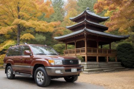 LANDCRUISER , parked in front of a japanese pagoda, fall weather, ultra wide angle, masterpiece, award winning, sunset, beautifully detailed fall foliage, cinematic lighting, style-autumn:1.0, sharp focus, smooth, intricate details, 8k wallpaper, trending on artstation     <lora:LANDCRUISER:0.8>