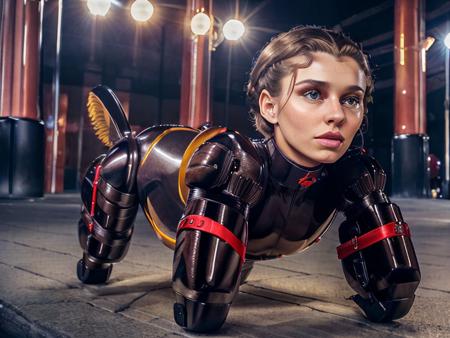(wholebody) photo of a beautiful Russian woman, bitchsuit:2.5, four feet, all fours, age: 20 years old, build: lush, face: symmetrical and beautiful and puffy cheeks, hairstyle: russet and short bob, (high quality, 8k, masterpiece, highly detailed, highly detailed face), <lora:bitchsuit:0.9> prosthetic quadruped,  robot joints,