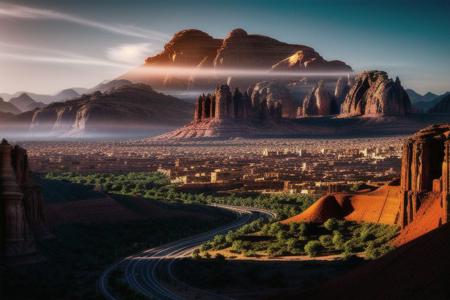 stunning 32k resolution image of a lush and vibrant Martian city, protected by a massive glass dome, stands amidst the harsh red terrain of the planet. The city is an architectural marvel, with ornate columns, grand archways, and intricate patterns adorning the walls and floors. Exotic Middle Eastern souks bustle with activity, their vibrant colors contrasting with the red Martian soil. In the distance, mountains rise majestically, their peaks shrouded in soft, diffused light. The image is captured in a cinematic style, with dramatic lighting and intricate details.