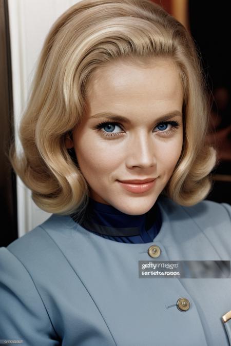 <lora:[UK]_-_Honor_Blackman:1> pussygalore, woman in uniform, blonde hair, blue eyes, smirk, 1960s style, cinematic, highly realistic, age: around 40 years of age,
