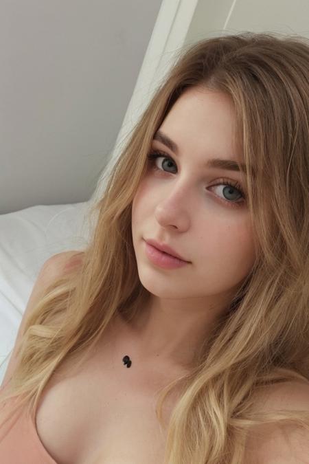 25 yo girl, blonde, close-up, girl next door, cute, innocent, looking at viewer, messy hair, waist up