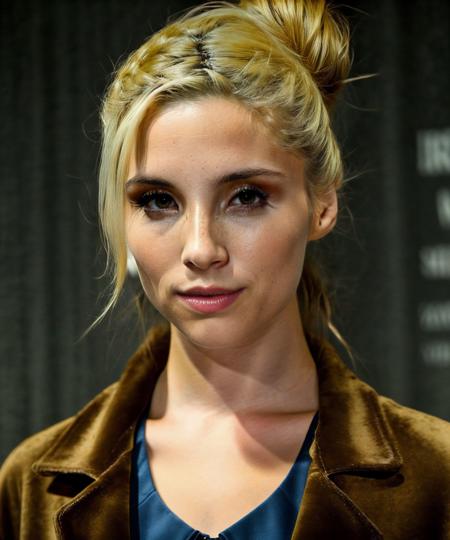 beauty photo of a woman <lora:PiperPerri_v1:1> a Realistic Full Portrait Photo of a PiperPerri with (intricate complex hair bun:1.1) blonde hair style, Beautiful, Detailed face, Perfect eyes, (highly detailed skin:1.1), (wearing a closed suede coat), perfect body, best quality, Modelshoot style, Professional Photography, Photorealistic, standing in a Dark Studio background, blurred background, RAW, analog style, sharp focus, 8k, ultra high resolution, DSLR, high quality, Fujifilm XT3, film grain, award winning, masterpiece (NSFW:-1) (Cleavage:-1) , confident, curious,