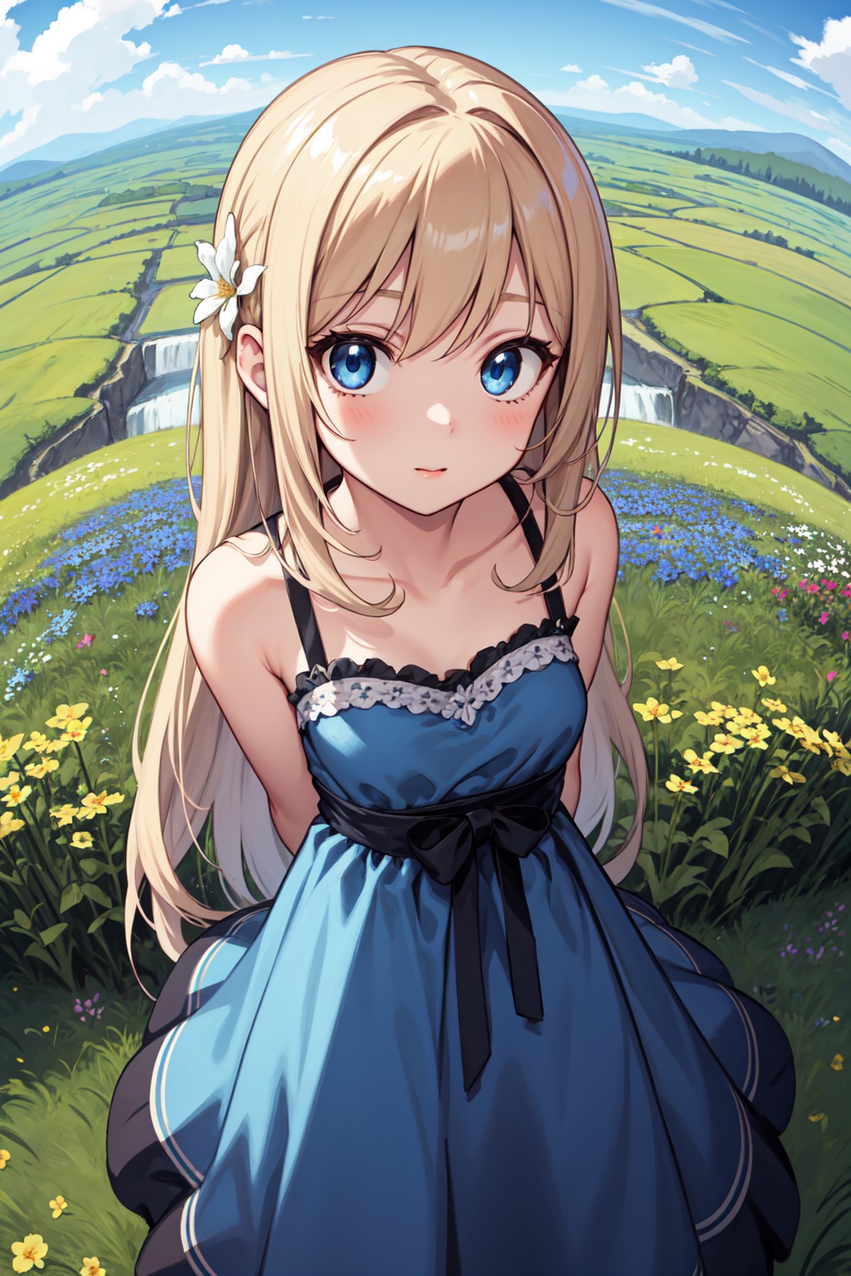 masterpiece, best quality, 1girl, from above, face focus, fisheye, blue dress, very long hair, blue eyes, meadow, waterfal...
