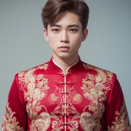 (8k, RAW photo, best quality, masterpiece:1.2), (realistic, photo-realistic:1.4), ultra-detailed, (young male internet celebrity),perfect detail ,  make up,(upper body shot:1.1),chinese style architecture, a man, a dress with a red and gold pattern on it<lora:nzshs-10:0.8>