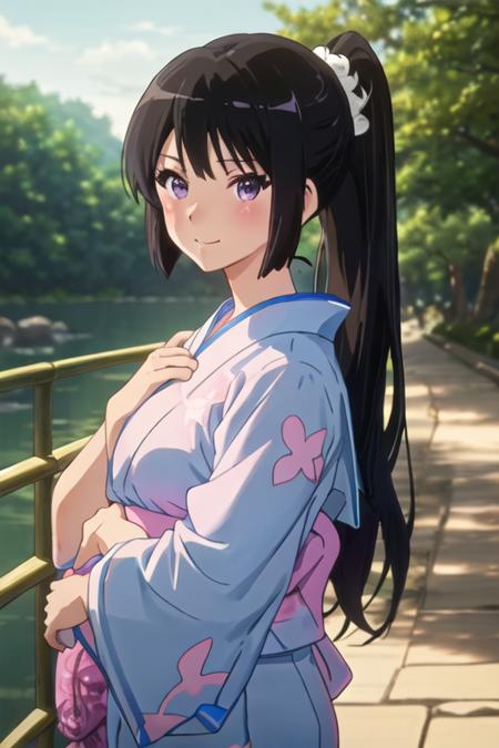 best quality, masterpiece, highres, solo, {kousaka_reina_soundeuphonium:1.15}, black_hair, long_hair, purple_eyes, blush, bangs, closed_mouth, serafuku, blurry, japanese_clothes, kimono, 1girl, blue_kimono, ponytail, yukata, hair_ornament, smile, blurry_background