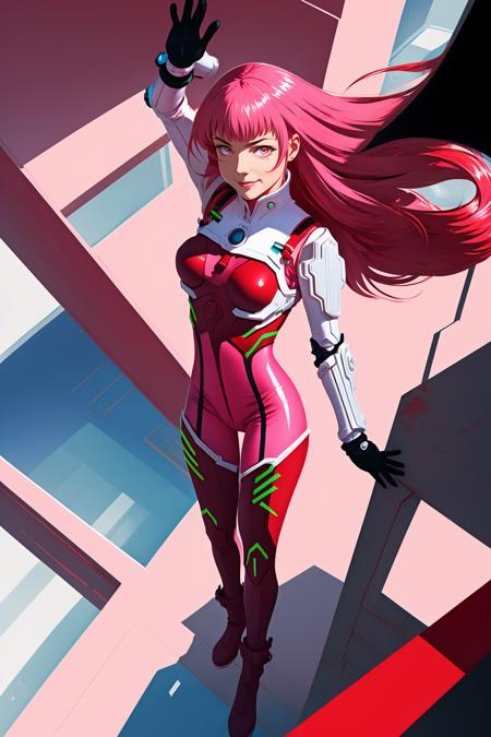 masterpiece, best quality, kenmarinaris, red eyes, pink hair, bodysuit, shoulder pads, gauntlets, black gloves, thigh boots, standing, from above, looking at viewer, smile, futuristic building <lora:kenmarinaris-nvwls-v1-000012:0.9>