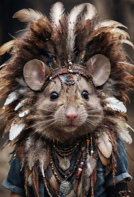 close up shot of the tribal mouse, feathers headpiece, dark brown fur, dirt,  grunge clothes, tribal necklaces, grotesque background, extremely beautiful, grunge photography style, hyper-realistic, National Geographic award photography, 4K, high definition, high resolution