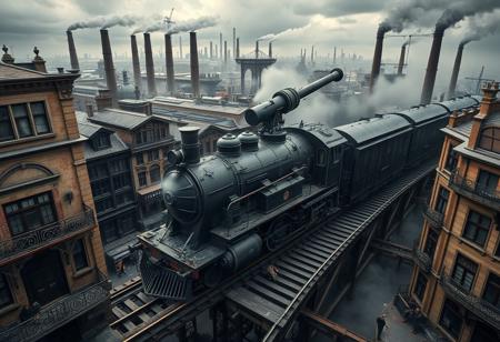 The armored train barrels along the rails that cut through the bustling Victorian-era city, its wheels grinding heavily against the tracks. The high-angle bird’s-eye view captures the massive locomotive with a colossal artillery gun mounted on top, blending industrial machinery with traditional military power. Below, intricate iron balconies, weathered stone buildings, and towering smokestacks frame the narrow streets. The train’s dark iron armor contrasts against the elegant architecture. Steam hisses from its engines, while soldiers rush in preparation. The city’s industrial skyline merges with the smoke from the train as it crosses bridges and weaves through the cityscape. Chaotic yet strategic, the scene is bathed in dramatic cinematic lighting, with storm clouds gathering overhead, casting the city and its war machine in shadows and fleeting rays of light. The towering smokestacks and industrial structures add depth and texture to the scene, as the train symbolizes the grim melding of technology and warfare in the Victorian-inspired world.