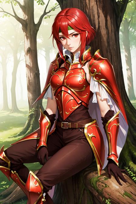 masterpiece, best quality, minerva, red armor, green headband, cape, red gloves, belt, brown pants, armored boots, sitting, tree stump, forest, looking at viewer, neutral expression <lora:minerva-nvwls-v1-000010:0.9>