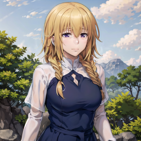 IsabelleRomee anime girl with blonde hair looking away from the camera and holding a hand near her face, 1girl, solo, blonde hair, purple eyes, braid, long hair, a female cartoon character with different colored braids is dressed in a blue dress, 1girl, breasts, braid, solo, blonde hair, posing, outdoors, nature background