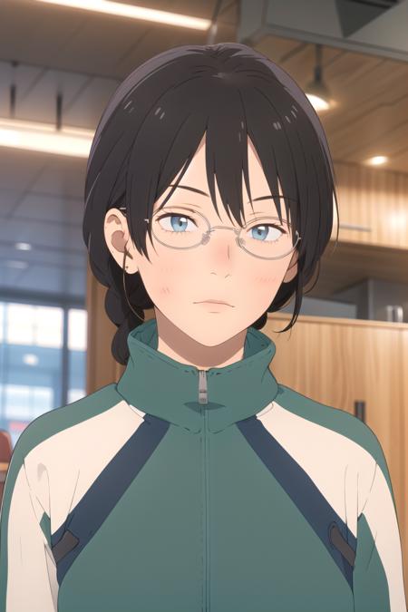 masterpiece, best quality, high quality, highres, high res, absurdres, ultra-detailed, best anatomy, detailed eyes, perfect eyes,
Pretending to be a statue,
makoto_kurume, opaque glasses, solo, 1girl, braid, black hair, jacket, glasses, track jacket, green jacket, track suit, track pants, no eyes,  <lora:makoto_kurumeV1:0.85>