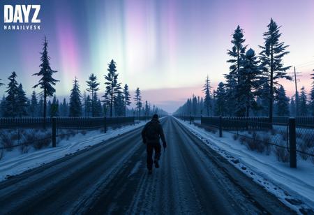 Dayz survivor walking down a road on the map Namalsk. Snow on ground and trees. Aurora in the sky. No text