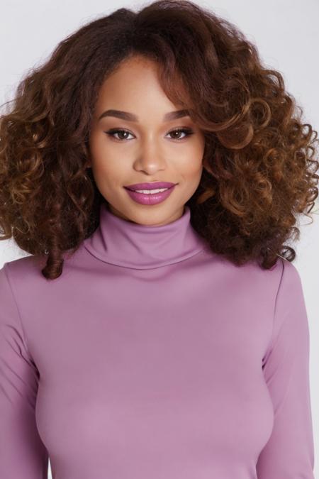 Portrait close up photo of c3c1l14l10n woman, purple turtleneck blouse, makeup lipstick, slight smile