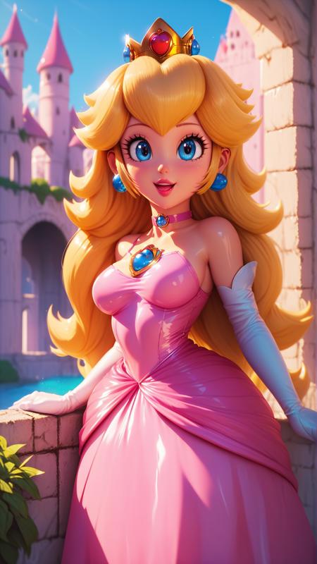 score_4,score_5,score_6,score_7_up,score_8_up,score_9 BREAK 1girl,solo,jewelry,earrings,long hair,breasts,very long hair,big hair,choker,dress,medium breasts,bare shoulders,:d,outdoors,smile,open mouth,<lora:Princess_Peach_Shiny_Style_V2:0.8>,shiny,shiny skin,princess peach,castle,