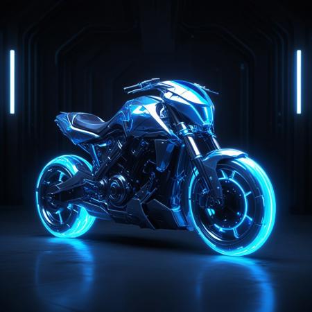 a motorbike made of glossy silver and blue glow, delicate frame, cyborg, deus ex human revolution, SilverPulse, masterpiece, best quality, highly detailed, sharp focus, dynamic lighting