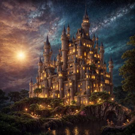 A photo of a magical fairytale castle surrounded by lush forests and colorful meadows, there are a lot of living creatures. The castle is illuminated with glowing lights, with intricate towers and sparkling details. The setting is serene, with a dreamy sky filled with stars and a warm, golden glow. Highly detailed, and vibrant colors. Dragons, wolves, gnomes