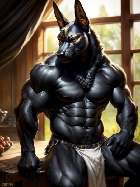 ((realistic)), upload on e621, by Garmash,Ruan Jia, darkgem, anthro, male, ((( detailed fluffy fur))), ((sitting)), detailed realistic painting, (((biceped))), (((shaded))) extreme detail, ((anubis)), loincloth, black body