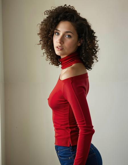 A photo-realistic shoot from a portrait camera angle about a portrait of a woman with curly hair wearing a red turtleneck sweater. the image also shows soft lighting and a blurred background. on the middle of the image, a 20 years old woman with light skin and curly brown hair appears to be looking directly at the camera with a neutral expression. she has blue eyes and a slender physique. her curly hair is dark brown and falls down her back. she is wearing a tight-fitting red sweater that is pulled down to reveal her breasts, which are small and perky with pink nipples. the sweater is unbuttoned, revealing her bare shoulders and nipples. her body is slim, and she is standing in a neutral pose.